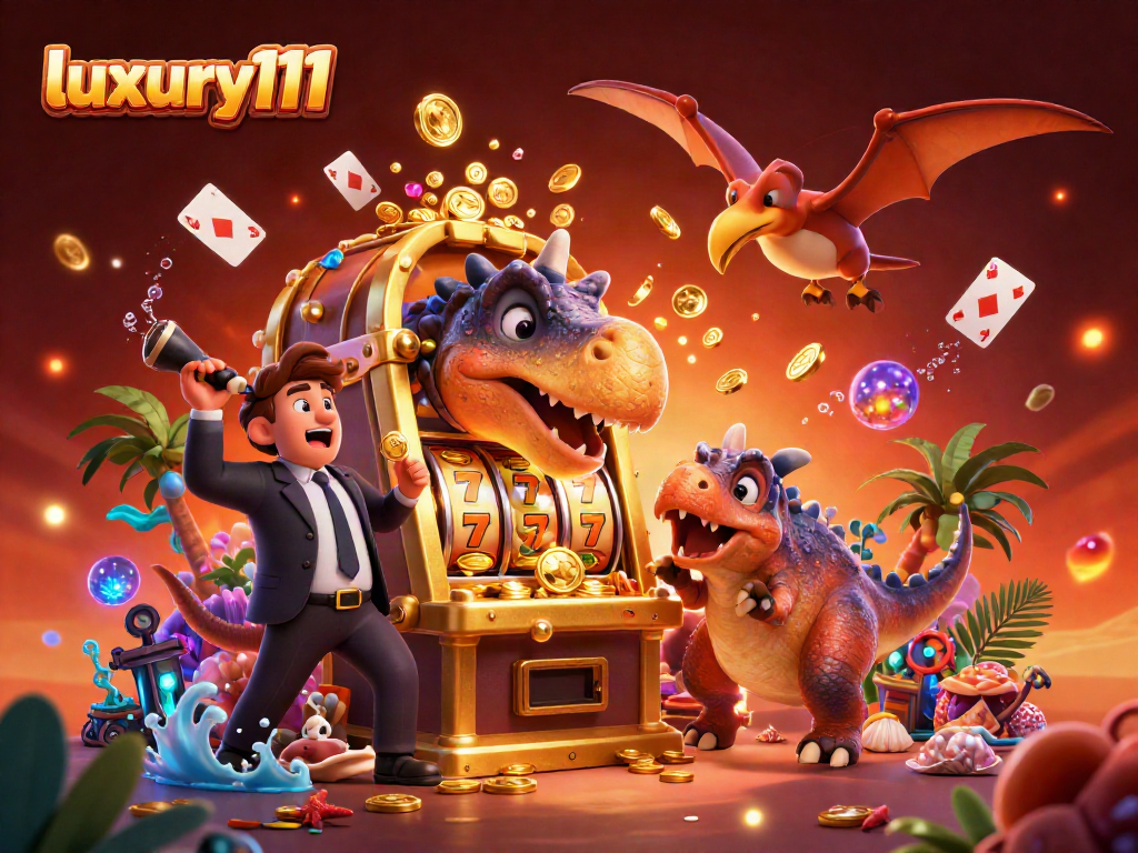 Experience luxury111 with a thrilling casino scene featuring dinosaur characters winning slots and capturing coins.