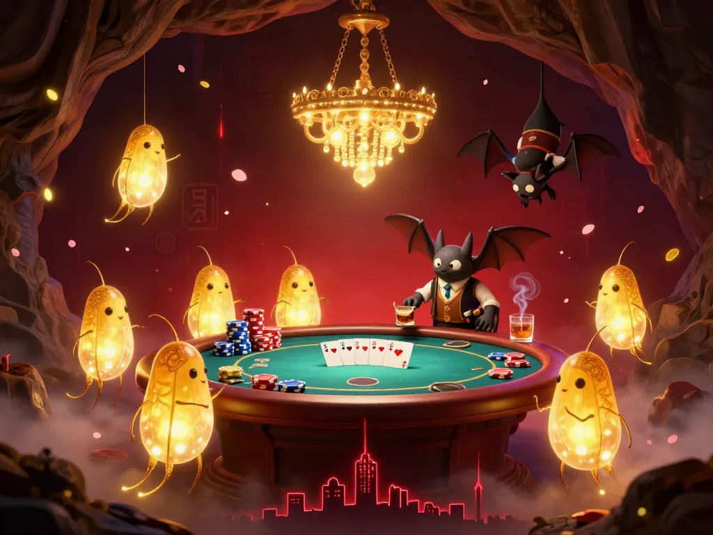 Engage in a thrilling experience at สล็อตเว็บตรง casino depicted with glowworms lighting a cave, enhancing the poker table atmosphere.