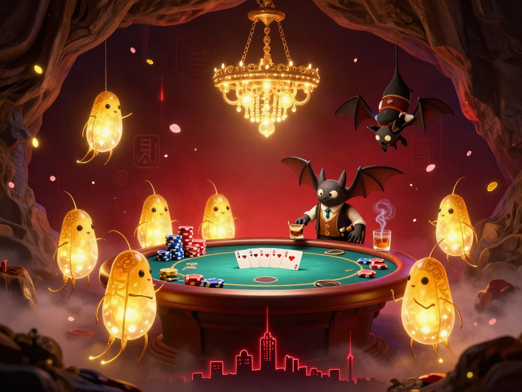 Engage in a thrilling experience at สล็อตเว็บตรง casino depicted with glowworms lighting a cave, enhancing the poker table atmosphere.