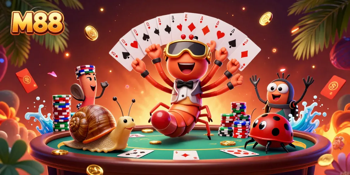 Experience thrilling gameplay at M88 with a lively dealer and a high-roller surrounded by exciting casino elements.