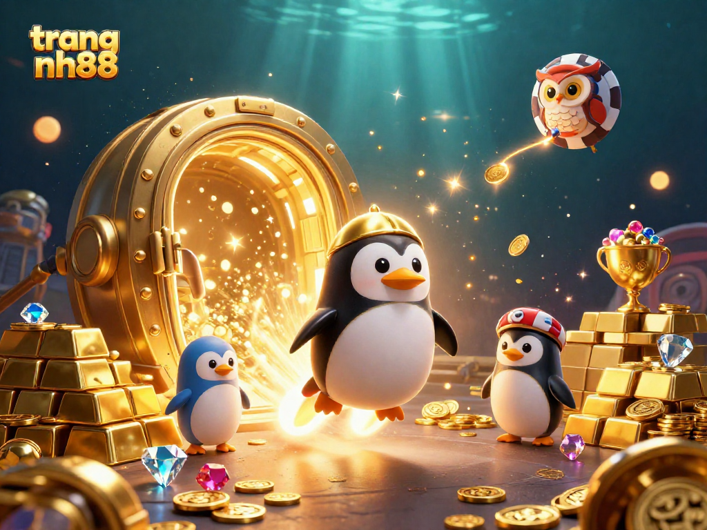 Experience thrilling rewards at trang nh88 with an exciting golden penguin and casino backdrop.