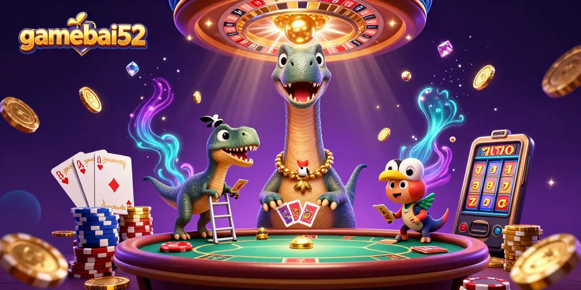 Experience thrilling moments at gamebai52 with a giant brontosaurus dealing cards above a vibrant poker table.