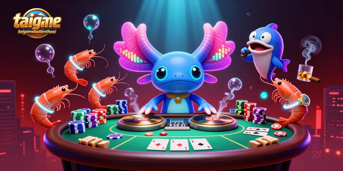 Engage in lively poker action with taigamebaidienthoai depicted through an axolotl DJ and vibrant sea characters.