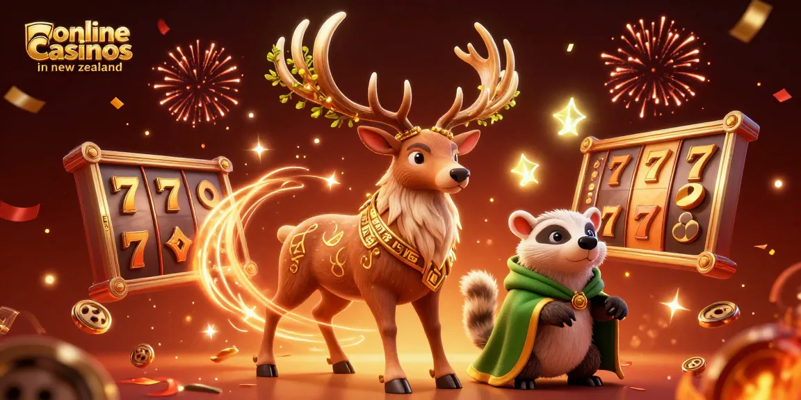 Engage with the vibrant world of online casinos in New Zealand through a magical 3D illustration filled with slot games.