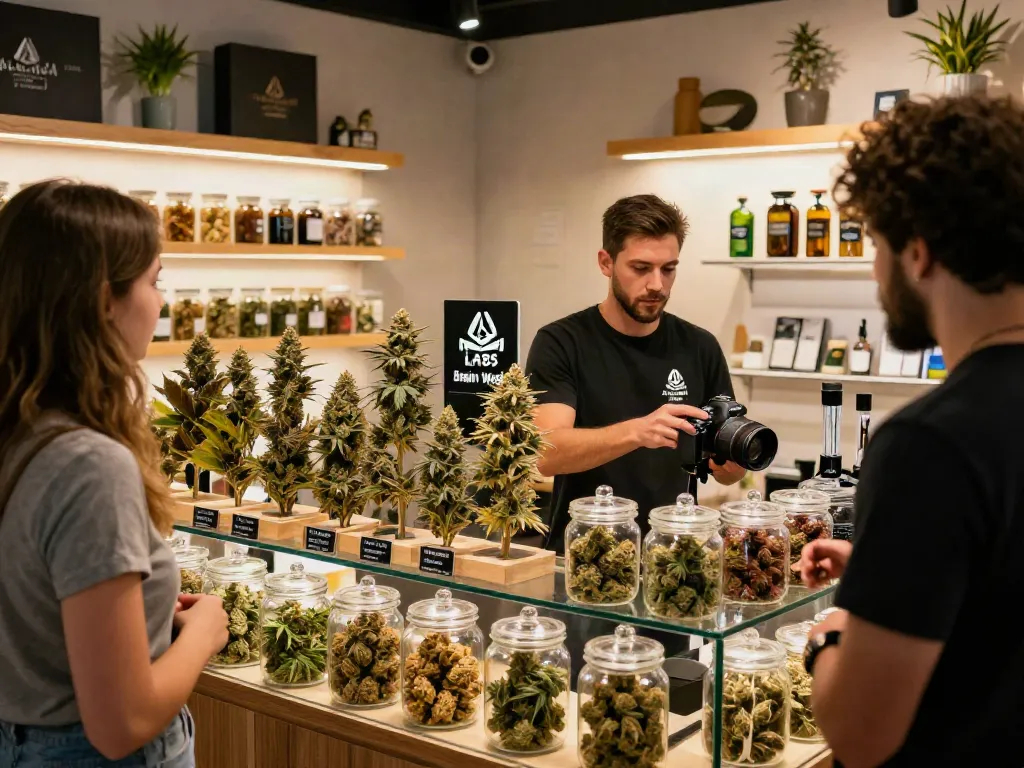 Alien Labs Brain Wash prominently displayed in a vibrant cannabis shop, showcasing rich colorful buds.