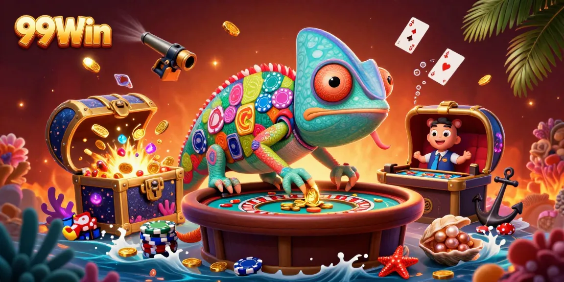 Engage in exciting gameplay at 99Win with a vibrant casino experience highlighted by a chameleon owner.