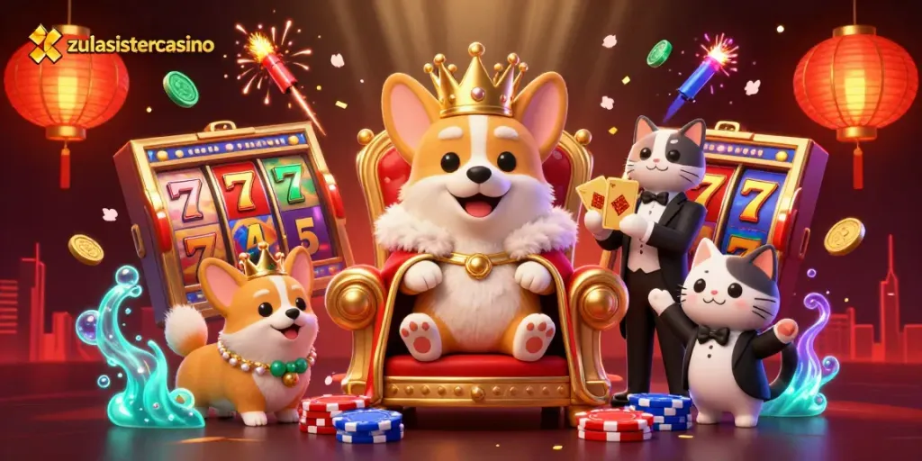 Experience excitement at zulasistercasino with vibrant slot reels and festive casino elements.