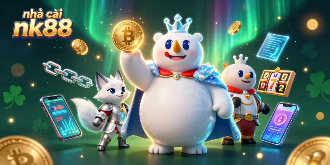 Engage in thrilling gaming action at nhà cái nk88 featuring an icy king and fox amidst dazzling casino visuals.