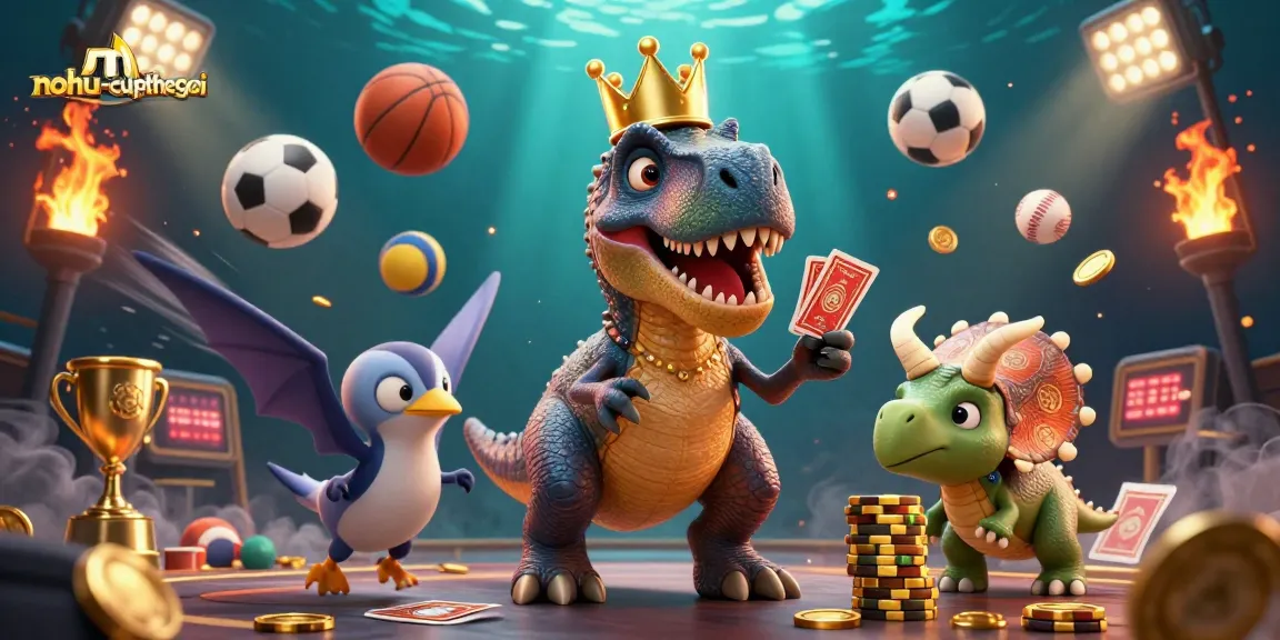 Nohu-cupthegioi showcases a friendly T-Rex shuffling cards, assisted by a pterodactyl, amid dynamic sports elements.