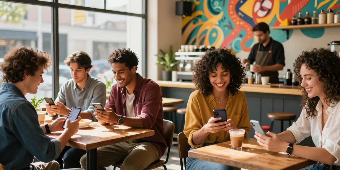 Engaging dating scene showing singles using a dating app in a bright café environment.
