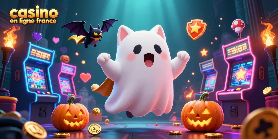 Plongez dans l'univers du casino en ligne France avec un chat fantôme et des machines à sous lumineuses.